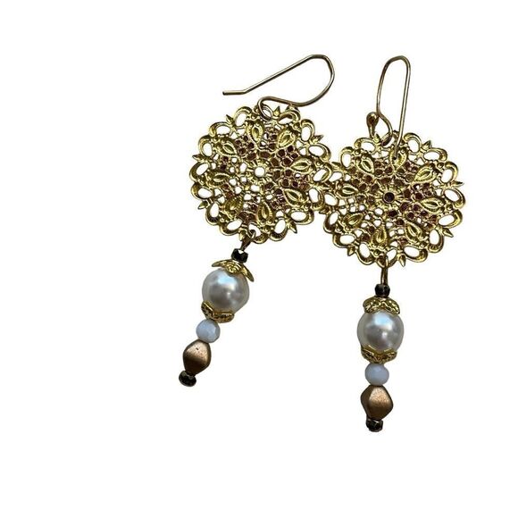 Fashion Earrings Goldtone Dangle Pierced Beaded Crystal - Picture 4 of 5